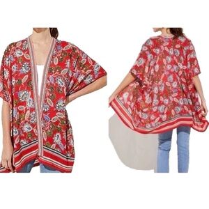 Loft Boho Beach Red Border Floral Open Front Flowy Slouchy Chiffon Kimono Sz M/L